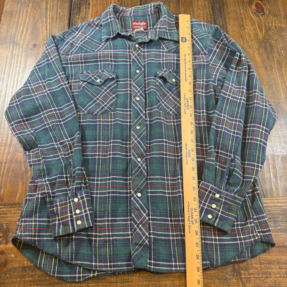 Wrangler Western Shirts Mens XL Green Plaid Pearl Snap Flannel, vintage, cowboy - Picture 3 of 5